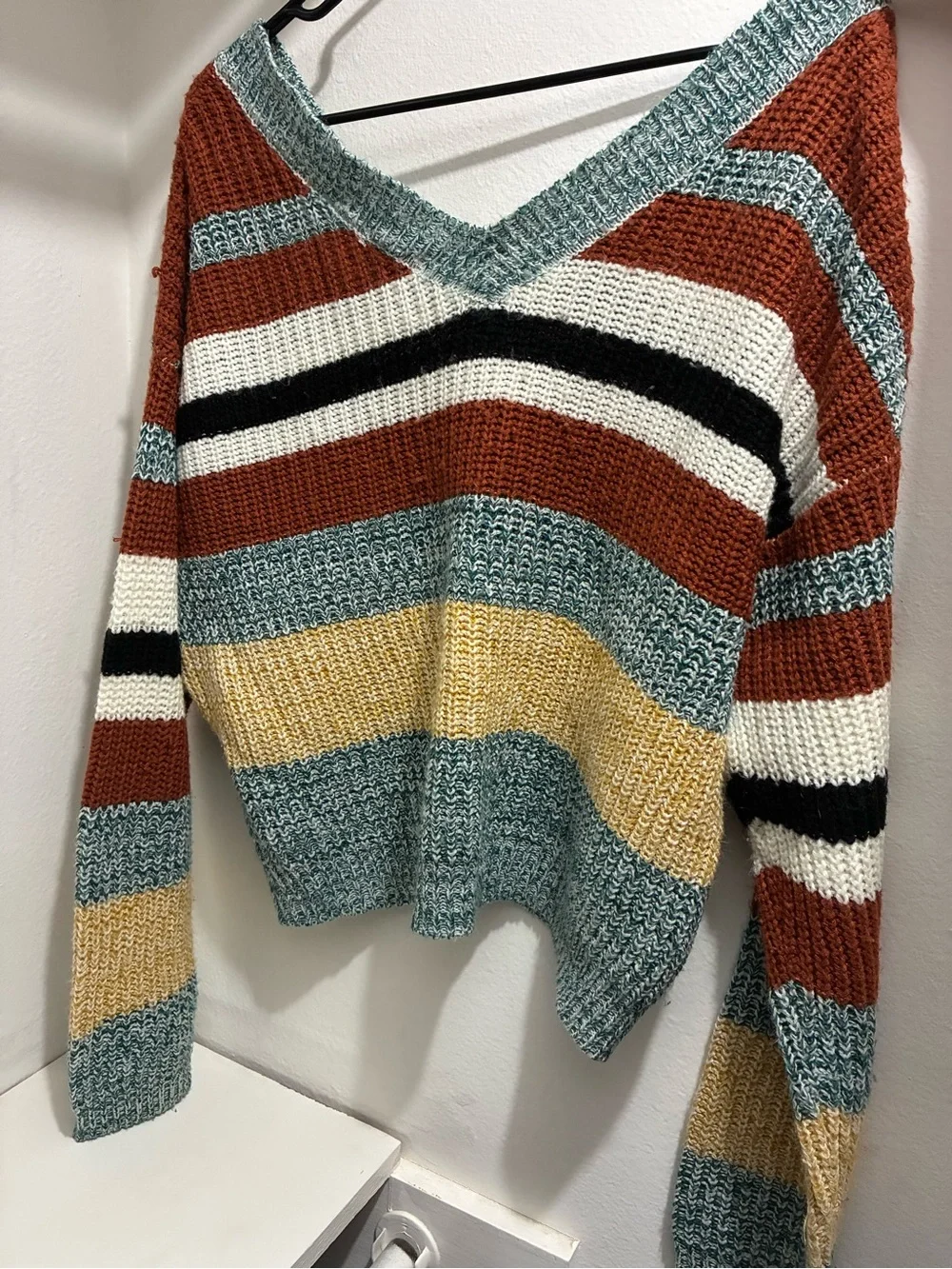Striped V-Neck Sweater in Rust, Teal & Mustard - Picture 2 of 6